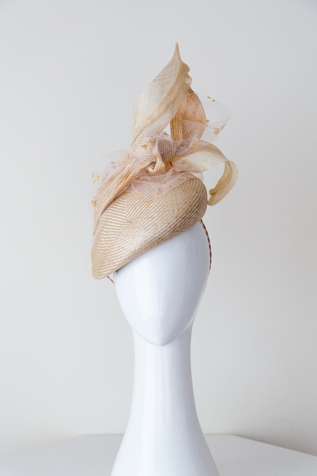 Natural Beret with Pleated Straw Bow and Veil By Felicity Northeast Millinery