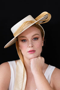 Off White Boater with Straw Swirls and Ties By Felicity Northeast Millinery