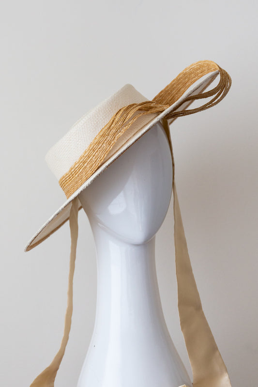 Off White Boater with Straw Swirls and Ties By Felicity Northeast Millinery