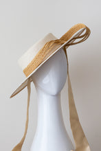 Load image into Gallery viewer, Off White Boater with Straw Swirls and Ties By Felicity Northeast Millinery