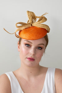 Orange Button Hat with Natural Straw Braid Bow By Felicity Northeast Millinery