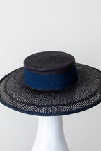 Load image into Gallery viewer, Boater Style Hat in Navy Open Weave Straw By Felicity Northeast Millinery