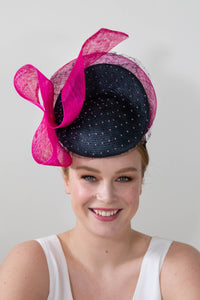 Navy and Hot Pink Raised beret with Bow By Felicity Northeast Millinery