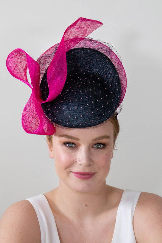 Navy and Hot Pink Raised beret with Bow By Felicity Northeast Millinery