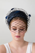 Load image into Gallery viewer, Navy Pillbox with Feathered Veiling By Felicity Northeast Millinery