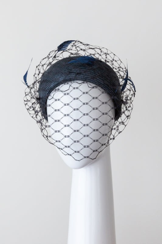 Navy Pillbox with Feathered Veiling By Felicity Northeast Millinery
