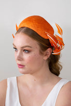 Load image into Gallery viewer, Orange bandeau with sweeping back feathers by Felicity Northeast Millinery