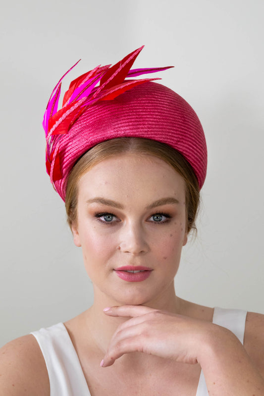 Hot Pink Pillbox with Floating Feathers by Felicity Northeast Millinery