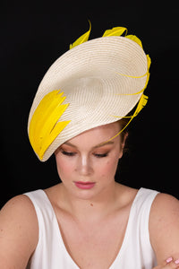 Ivory Natural Platter with Yellow Sculptured Feathers by Felicity Northeast Millinery