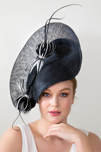 Sweeping black platter with feather flowers by Felicity Northeast Millinery