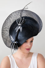 Load image into Gallery viewer, Sweeping black platter with feather flowers by Felicity Northeast Millinery