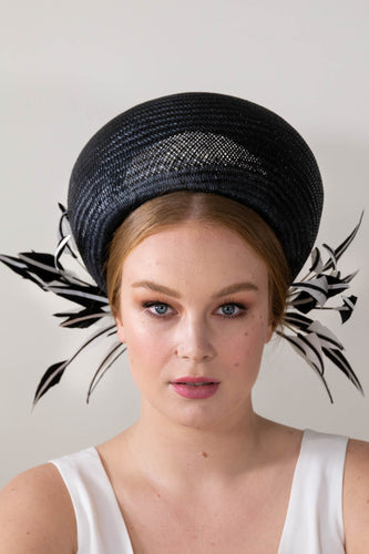 Black Halo Ring Hat with Monochrome Feathers by Felicity Northeast Millinery