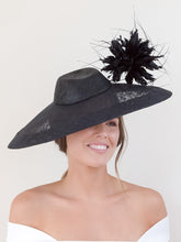 Load image into Gallery viewer, Wide Brimmed Black Hat with Feather Pom Pom by Felicity Northeast Millinery