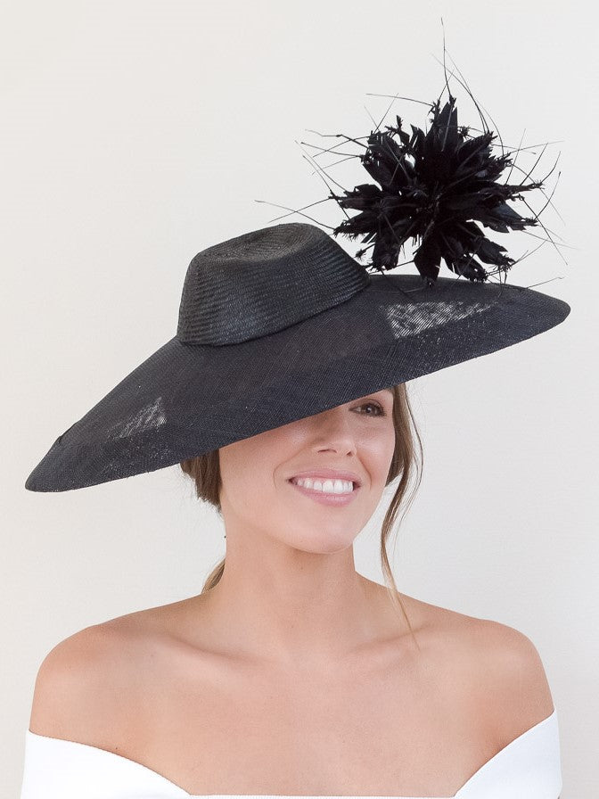 Wide Brimmed Black Hat with Feather Pom Pom by Felicity Northeast Millinery