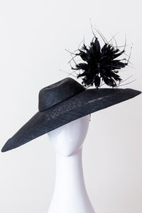 Wide Brimmed Black Hat with Feather Pom Pom by Felicity Northeast Millinery
