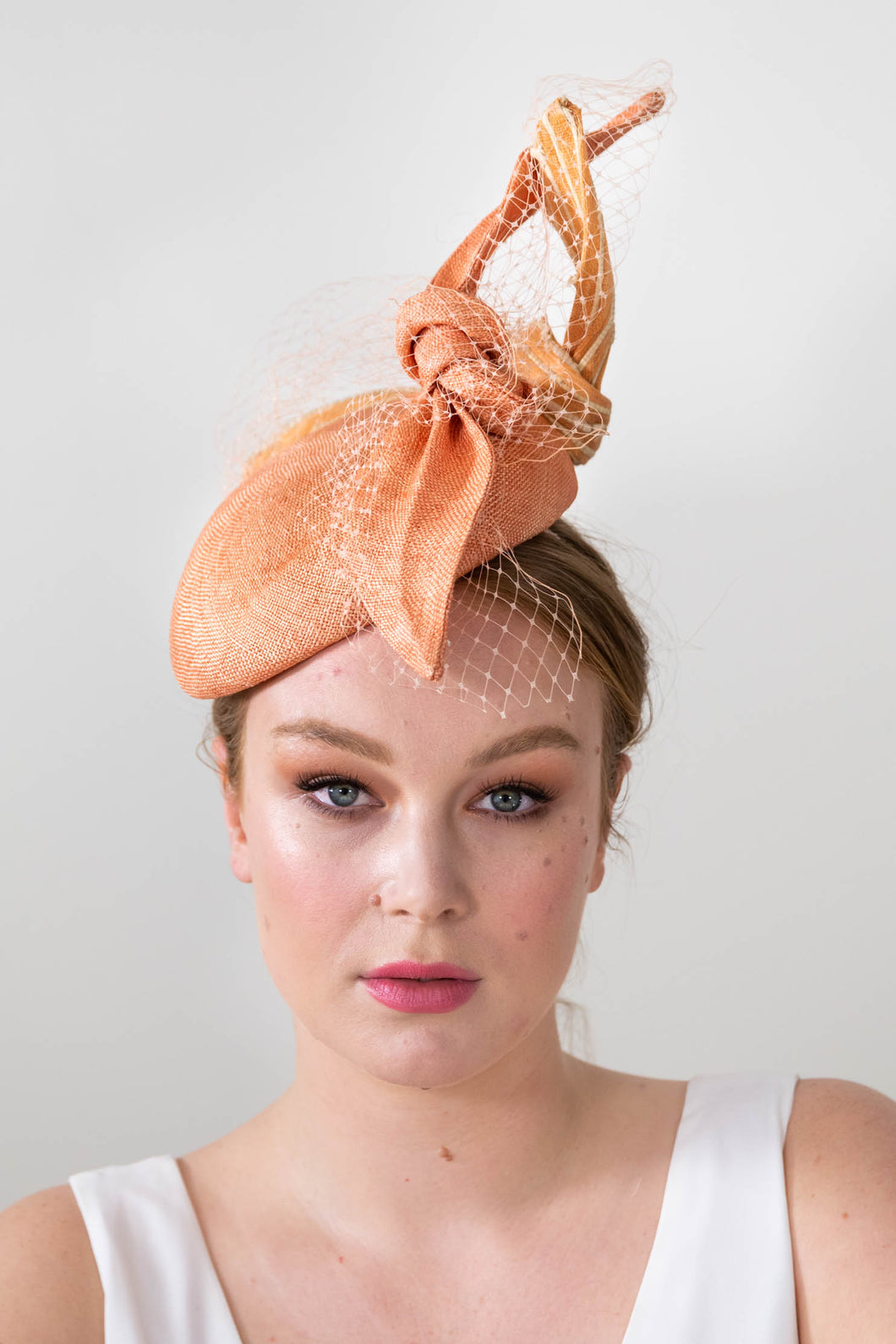 Peachy Bow Beret with Veiling by Felicity Northeast Millinery