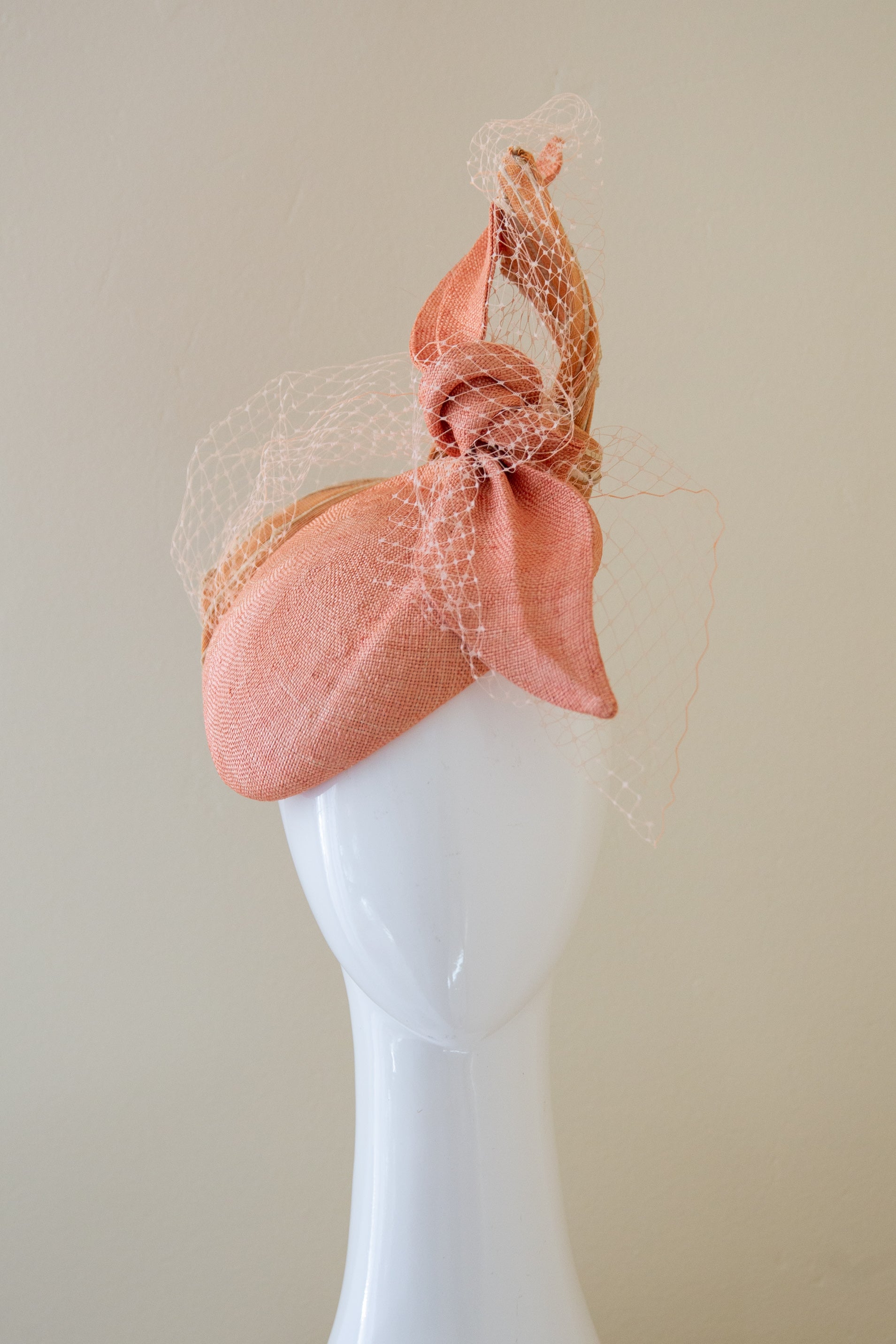 Peachy Bow Beret with Veiling by Felicity Northeast Millinery