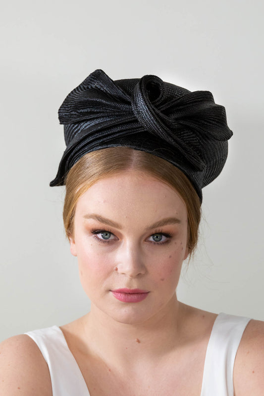 Black Beret with Pleated Bow by Felicity Northeast Millinery