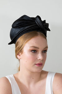 Black Beret with Pleated Bow by Felicity Northeast Millinery