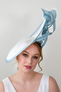Sweeping Side Platter with Sinamay Twists in Blue & White by Felicity Northeast Millinery