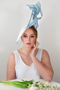 Sweeping Side Platter with Sinamay Twists in Blue & White by Felicity Northeast Millinery