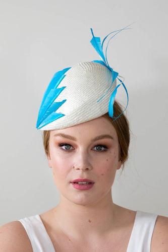 Raised Side Beret with Sky Blue Sculptured Feathers by Felicity Northeast Millinery
