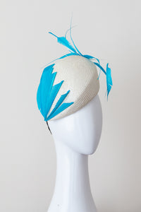 Raised Side Beret with Sky Blue Sculptured Feathers by Felicity Northeast Millinery
