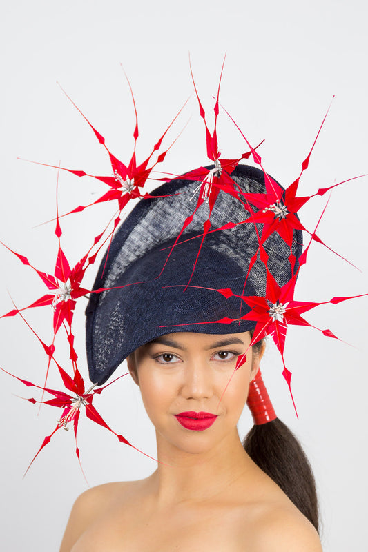 ABI-Navy arched platter with red feather flowers by Felicity Northeast Millinery