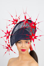 Load image into Gallery viewer, ABI-Navy arched platter with red feather flowers by Felicity Northeast Millinery