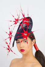 Load image into Gallery viewer, ABI-Navy arched platter with red feather flowers by Felicity Northeast Millinery