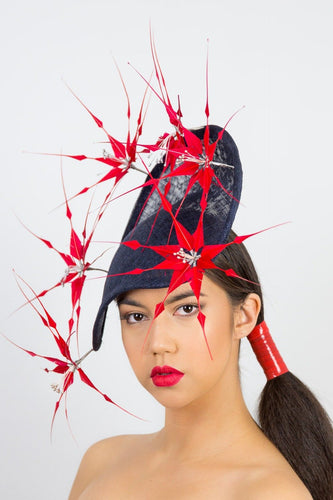 ABI-Navy arched platter with red feather flowers by Felicity Northeast Millinery