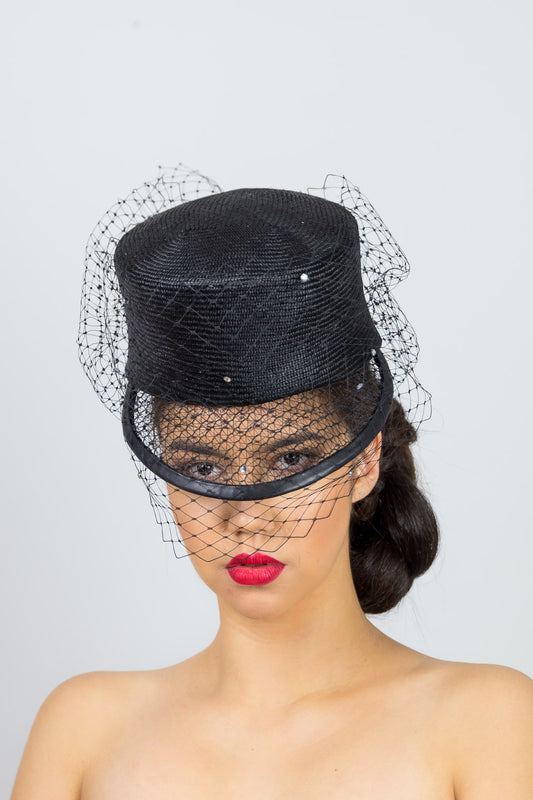 ANNA- Black cap with open weave visor and diamante veiling