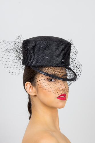 ANNA- Black cap with open weave visor and diamante veiling