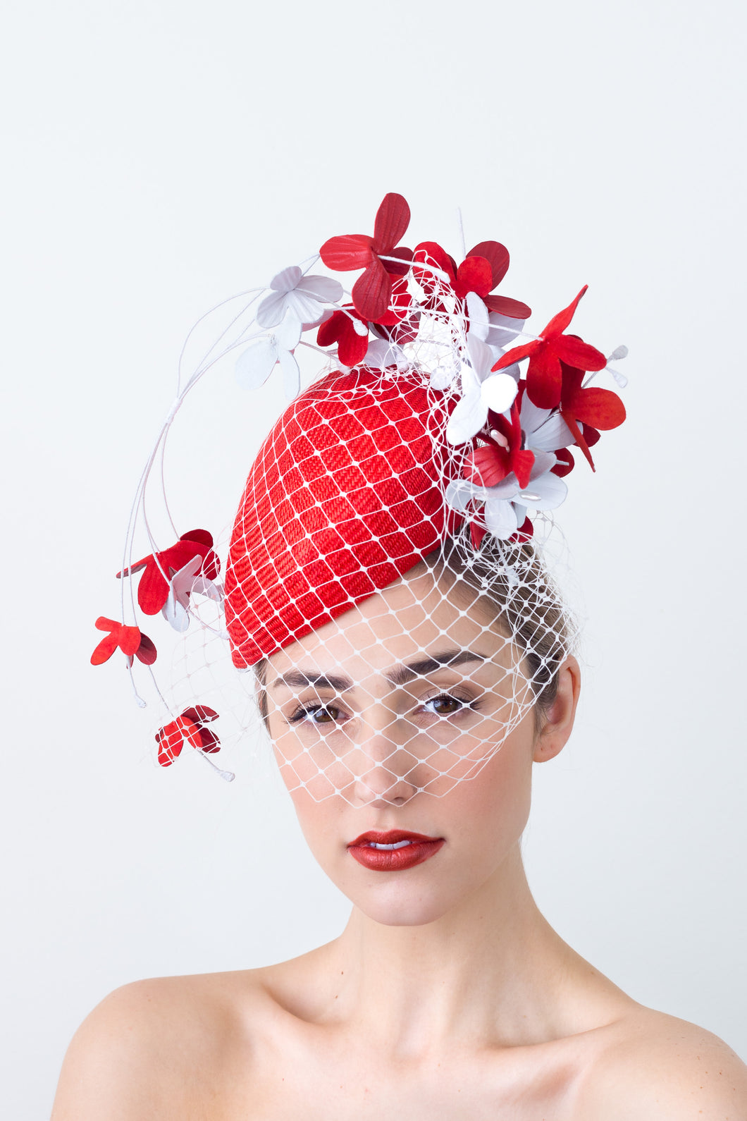 ASAFOETIDA : Red and White Beret with Floral Spray