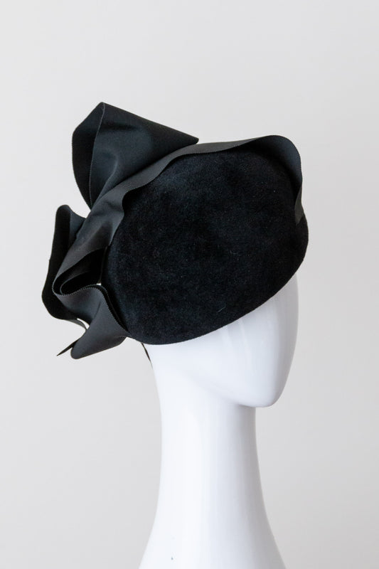 Black Felt Beret with Wide Ribbon Bow by Felicity Northeast  Millinery