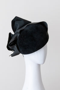 Black Felt Beret with Wide Ribbon Bow by Felicity Northeast  Millinery
