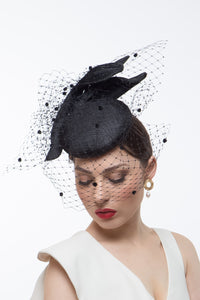 Black Pleated Bow Veiled Cocktail Hat  by Felicity Northeast Millinery