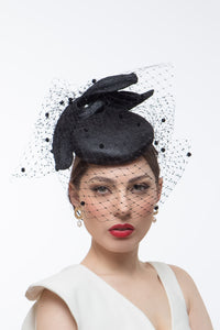 Black Pleated Bow Veiled Cocktail Hat