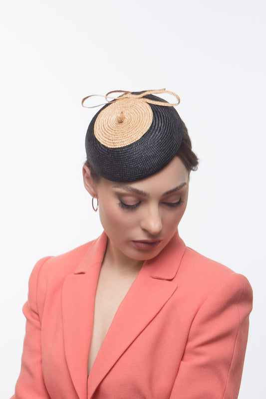 Black and Natural Straw Button By Felicity Northeast Millinery
