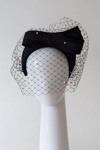  Black High Headband with Bow and Veiling by Felicity Northeast Millinery