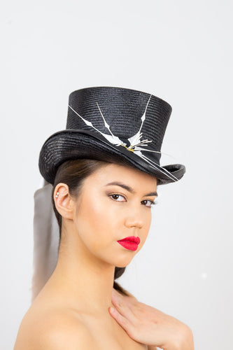 CHARLOTTE- Black tall top hat with white tie and flower