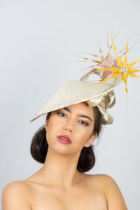  CHLOE-Cream platter hat, with mustard and pink feather flowers