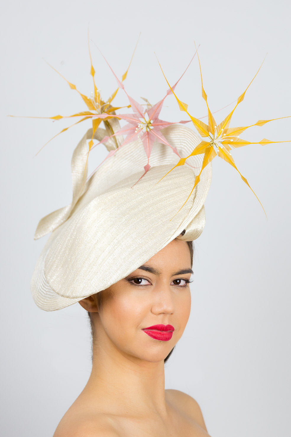  CHLOE-Cream platter hat, with mustard and pink feather flowers