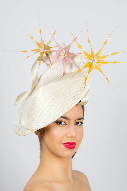  CHLOE-Cream platter hat, with mustard and pink feather flowers