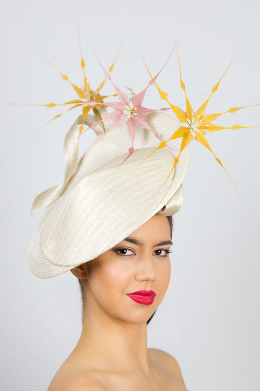  CHLOE-Cream platter hat, with mustard and pink feather flowers