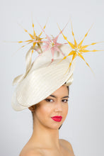 Load image into Gallery viewer,  CHLOE-Cream platter hat, with mustard and pink feather flowers