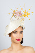 Load image into Gallery viewer,  CHLOE-Cream platter hat, with mustard and pink feather flowers