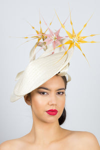  CHLOE-Cream platter hat, with mustard and pink feather flowers