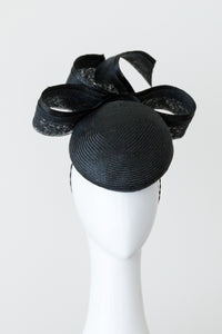 CORA; Black Cocktail Hat with Wide Bow