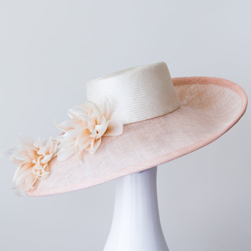 DAISY; Wide brimmed hat with silk flowers by Felicity Northeast Millinery